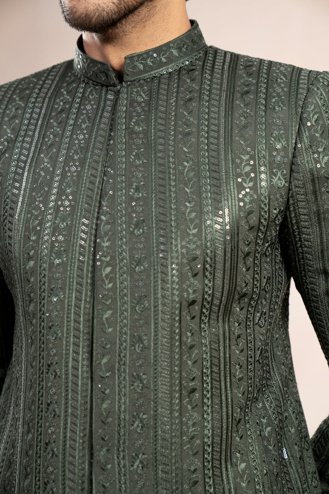 Muraqsh Ready To Wear Embroidered Cotton Men Olive Green Falling Prince Coat MUR-OGFEP - Summer Collection