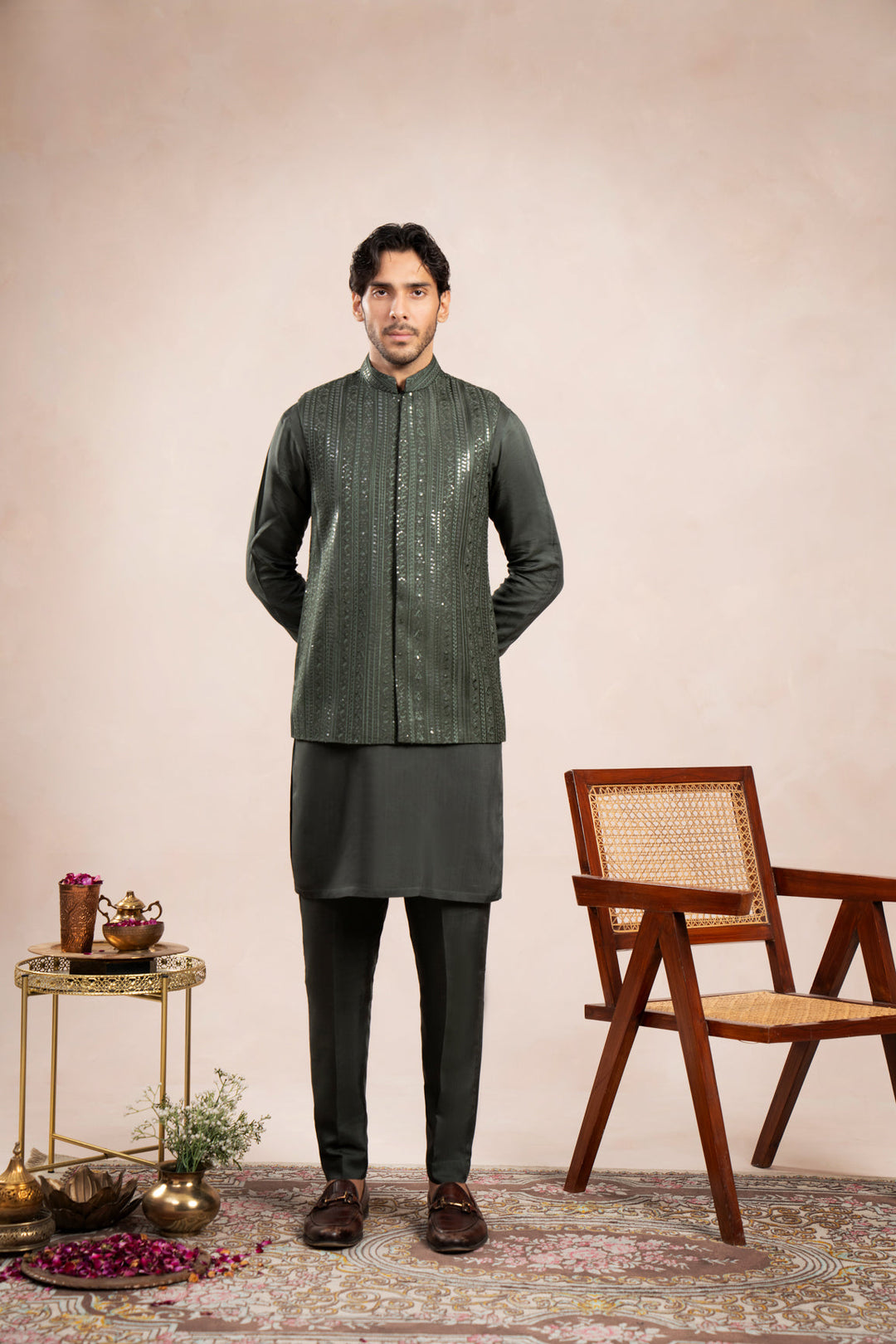 Muraqsh Ready To Wear Embroidered Cotton Men Olive Green Falling Waistcoat MUR-OGFEW - Summer Collection