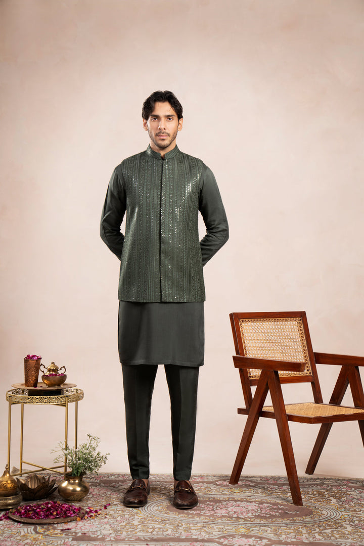 Muraqsh Ready To Wear Embroidered Cotton Men Olive Green Falling Waistcoat MUR-OGFEW - Summer Collection