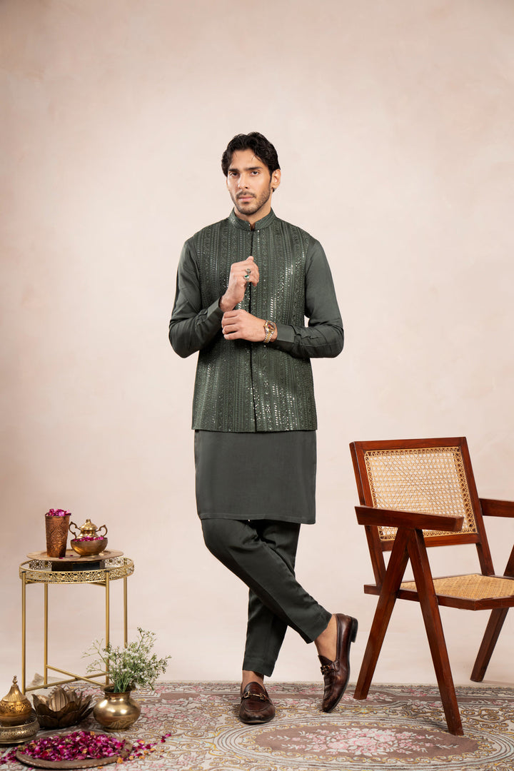 Muraqsh Ready To Wear Embroidered Cotton Men Olive Green Kurta Trouser with Falling Waistcoat MUR-OGKTW - Summer Collection