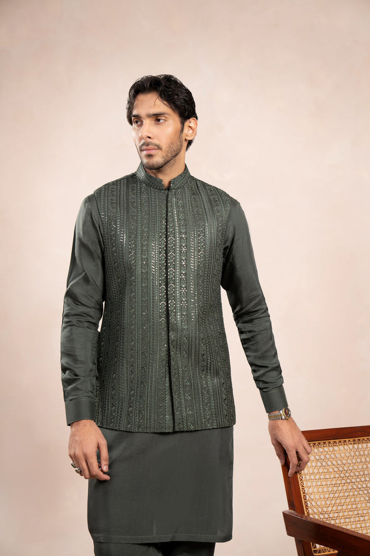 Muraqsh Ready To Wear Embroidered Cotton Men Olive Green Kurta Trouser with Falling Waistcoat MUR-OGKTW - Summer Collection