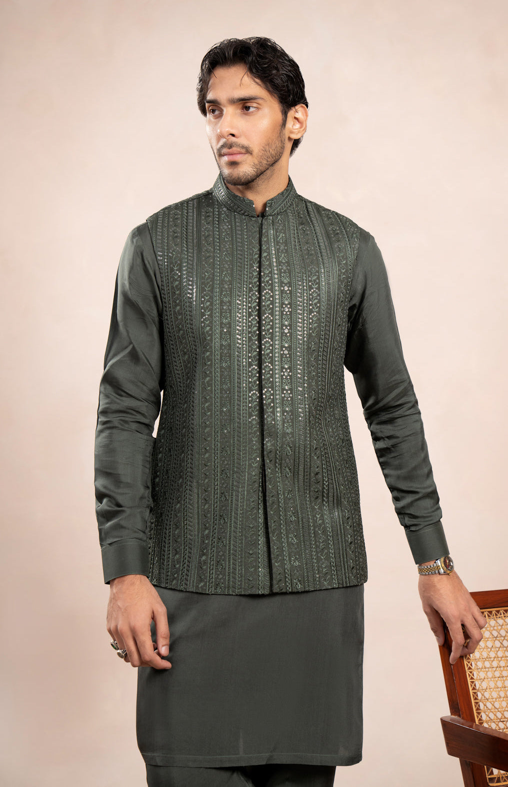 Muraqsh Ready To Wear Embroidered Cotton Men Olive Green Falling Waistcoat MUR-OGFEW - Summer Collection