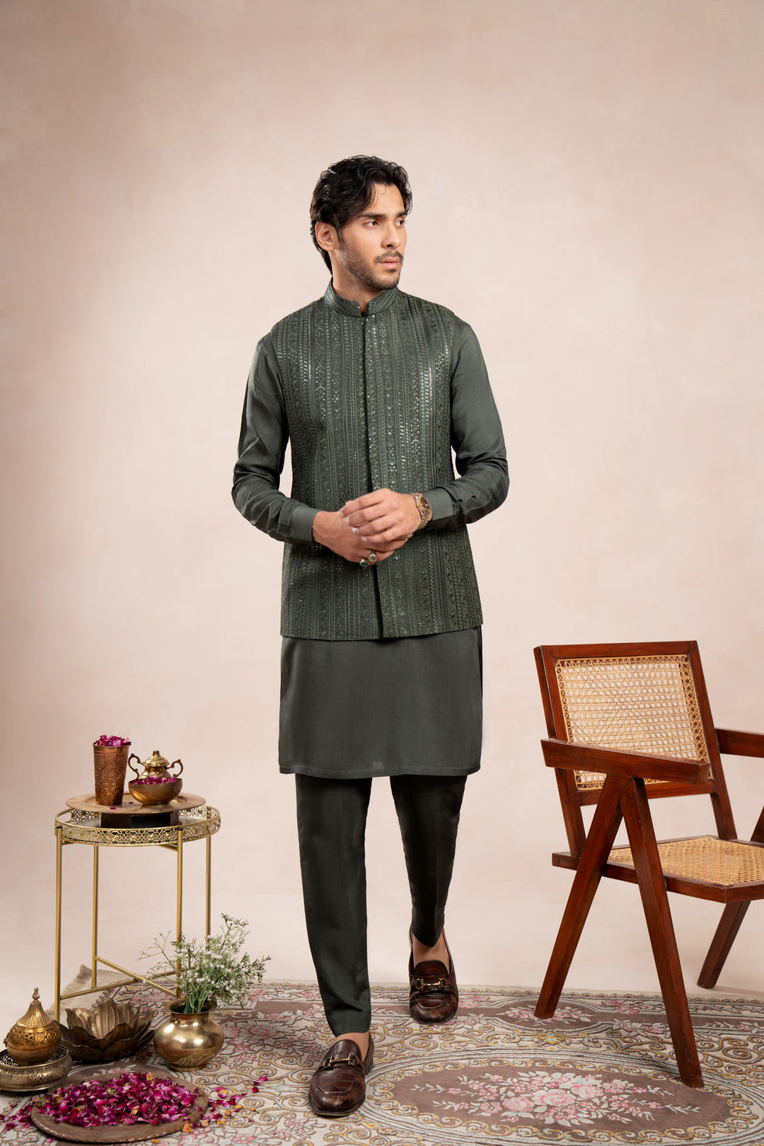 Muraqsh Ready To Wear Embroidered Cotton Men Olive Green Kurta Trouser with Falling Waistcoat MUR-OGKTW - Summer Collection