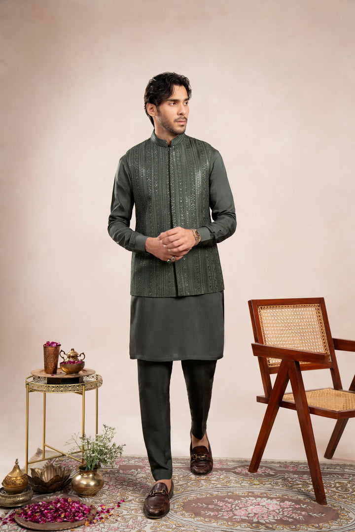 Muraqsh Ready To Wear Embroidered Cotton Men Olive Green Kurta Trouser with Falling Waistcoat MUR-OGKTW - Summer Collection