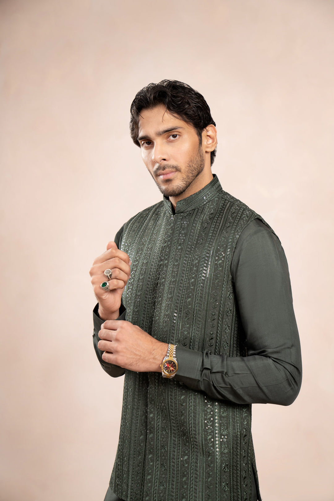 Muraqsh Ready To Wear Embroidered Cotton Men Olive Green Falling Waistcoat MUR-OGFEW - Summer Collection