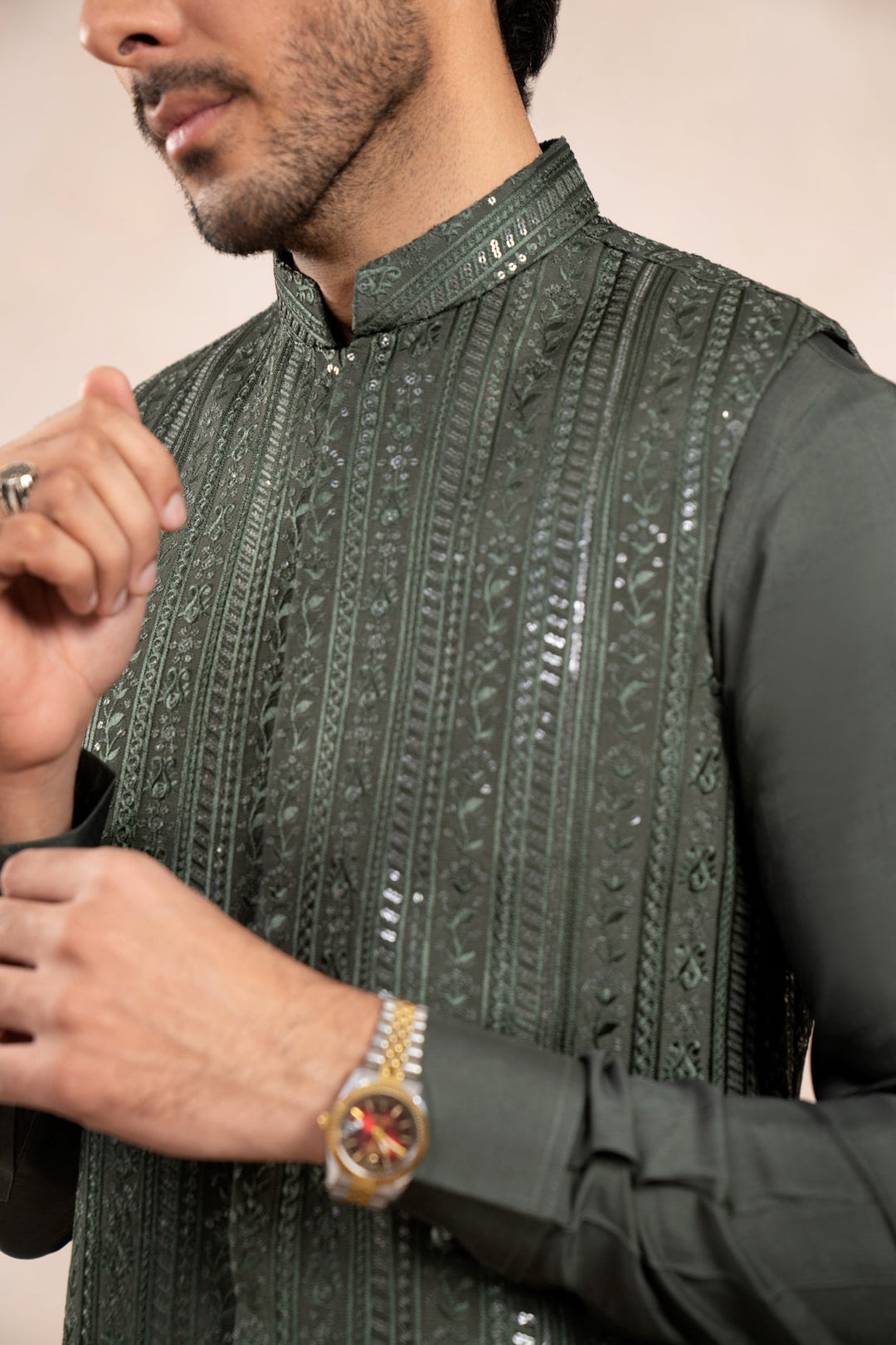 Muraqsh Ready To Wear Embroidered Cotton Men Olive Green Kurta Trouser with Falling Waistcoat MUR-OGKTW - Summer Collection