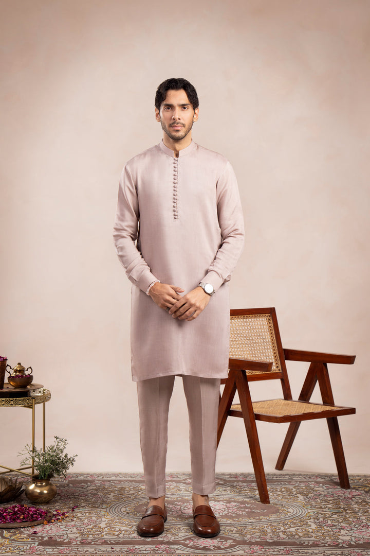 Muraqsh Ready To Wear Solids Silk Men Pink Kurta Viscose Trouser Loop Buttons ABD-PINK-BAN - Winter Collection