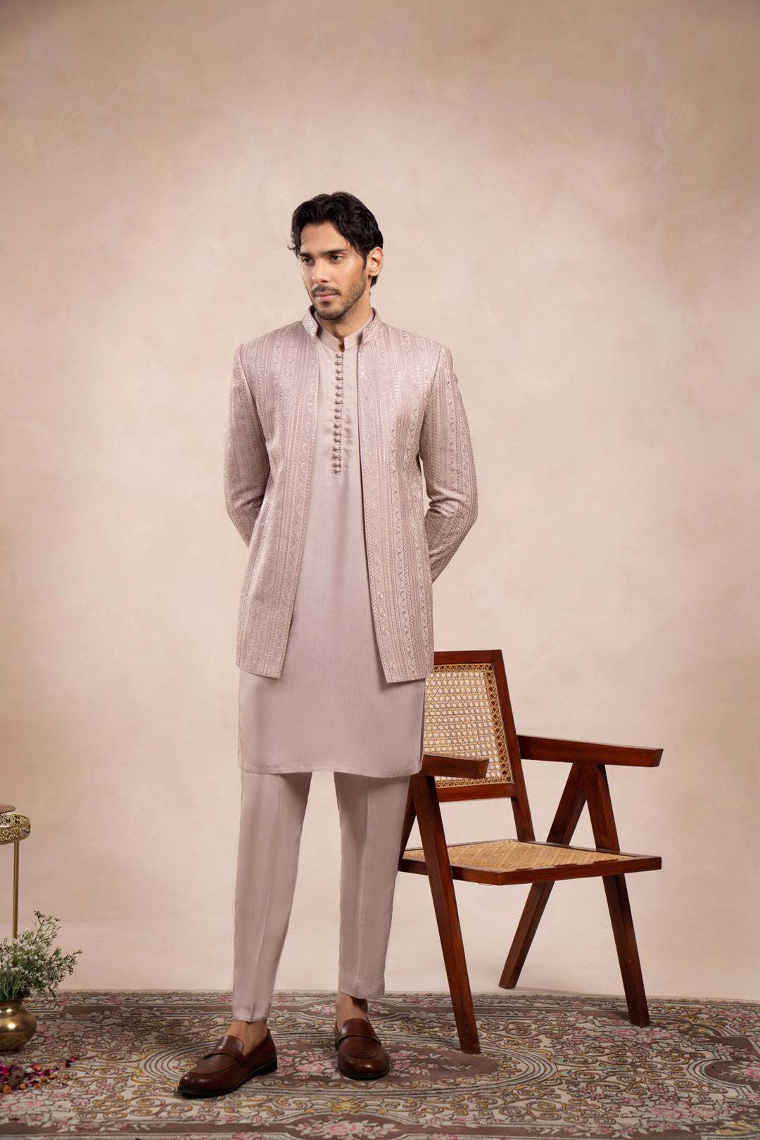Muraqsh Ready To Wear Embroidered Cotton Men Pink Loop Kurta Trouser with Falling Open Prince Coat ABD-PLKTW - Summer Collection