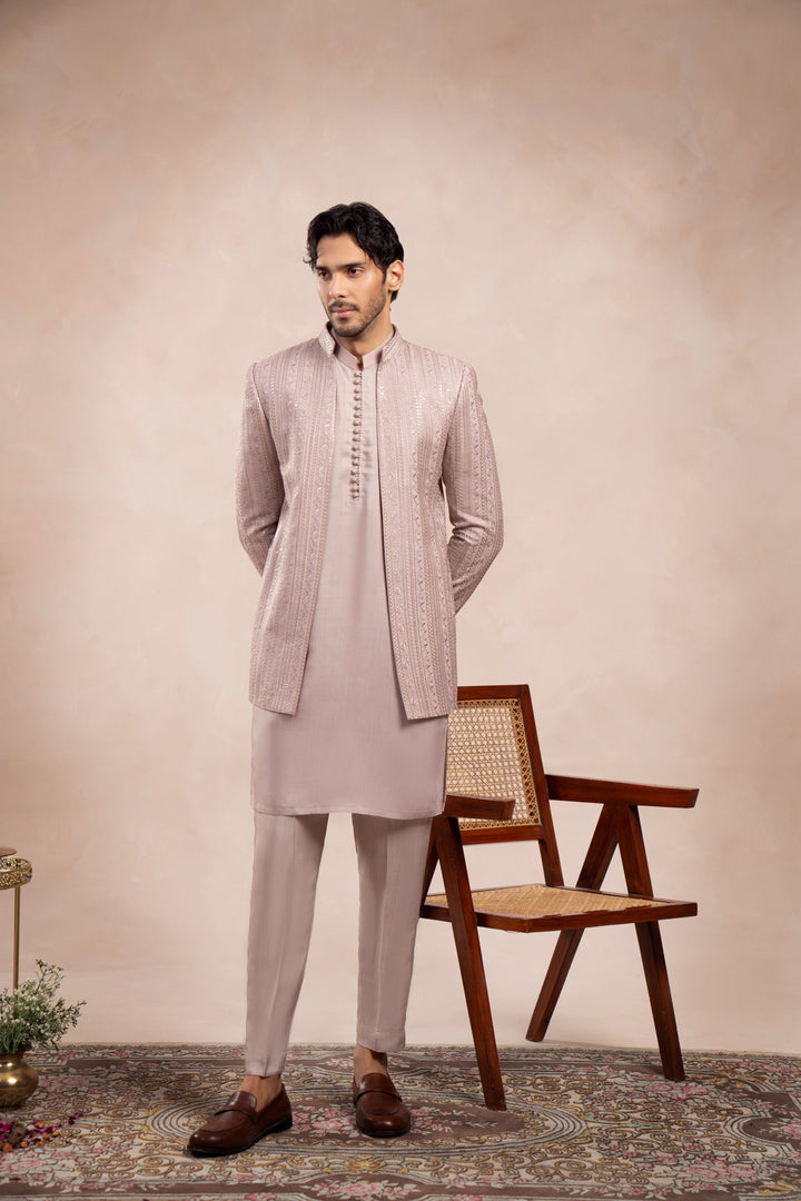 Muraqsh Ready To Wear Embroidered Cotton Men Pink Loop Kurta Trouser with Falling Open Prince Coat ABD-PLKTW - Summer Collection