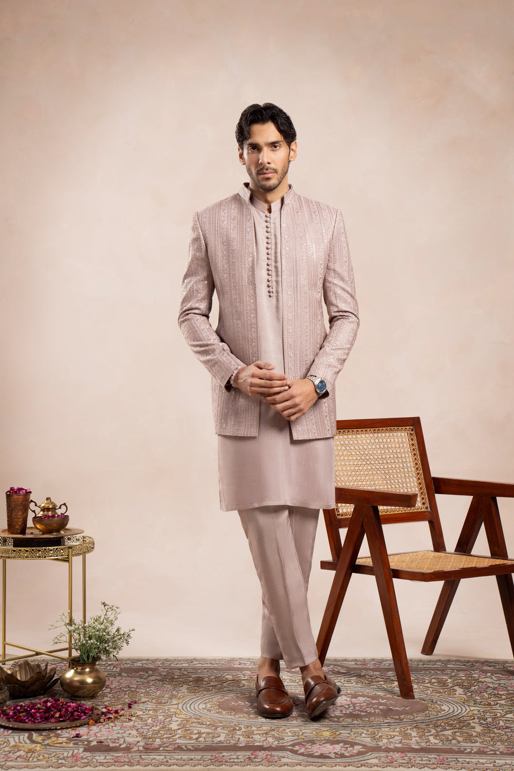 Muraqsh Ready To Wear Embroidered Cotton Men Pink Falling Open Prince Coat MUR-PFEOP - Summer Collection