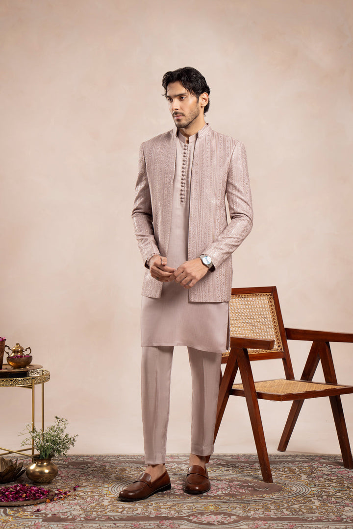 Muraqsh Ready To Wear Embroidered Cotton Men Pink Falling Open Prince Coat MUR-PFEOP - Summer Collection