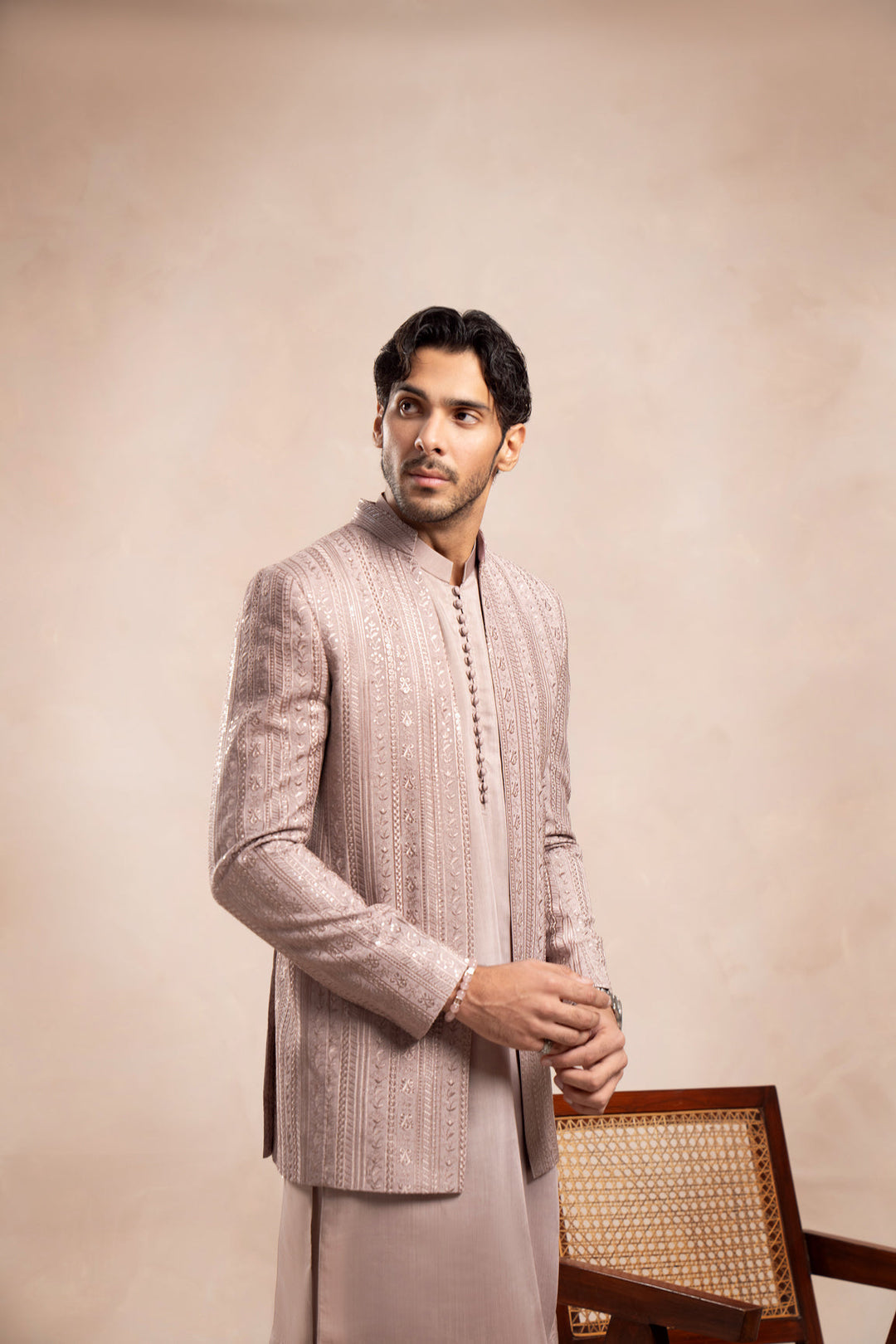 Muraqsh Ready To Wear Embroidered Cotton Men Pink Falling Open Prince Coat MUR-PFEOP - Summer Collection