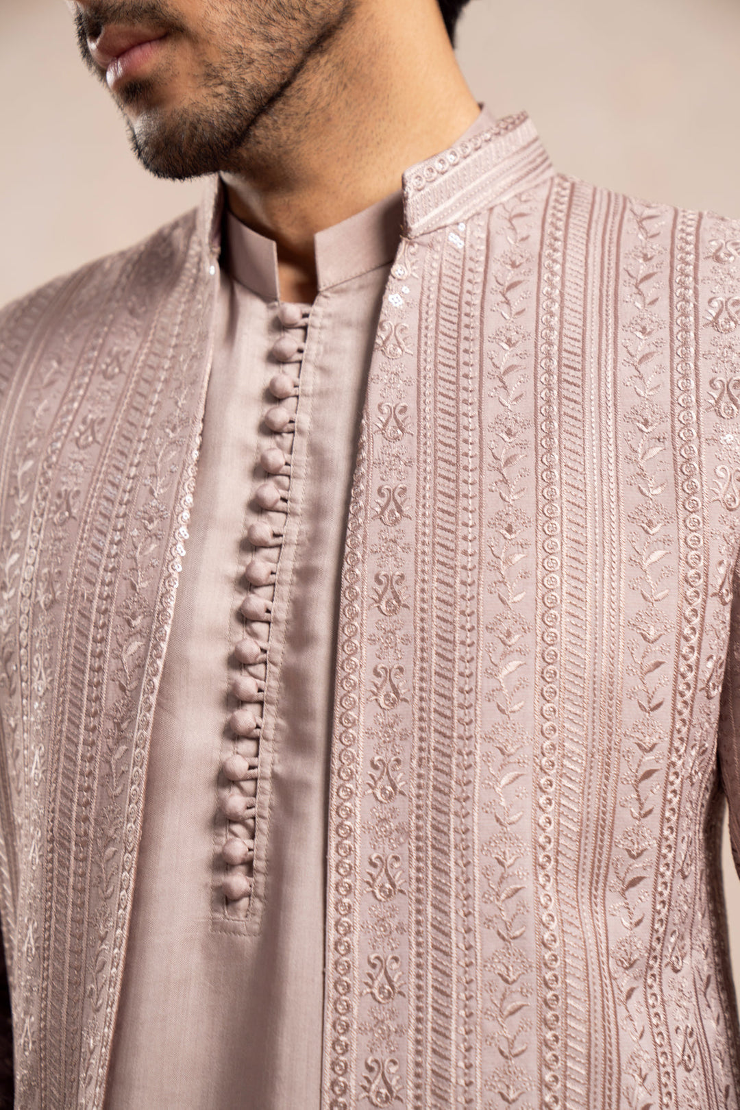 Muraqsh Ready To Wear Embroidered Cotton Men Pink Falling Open Prince Coat MUR-PFEOP - Summer Collection