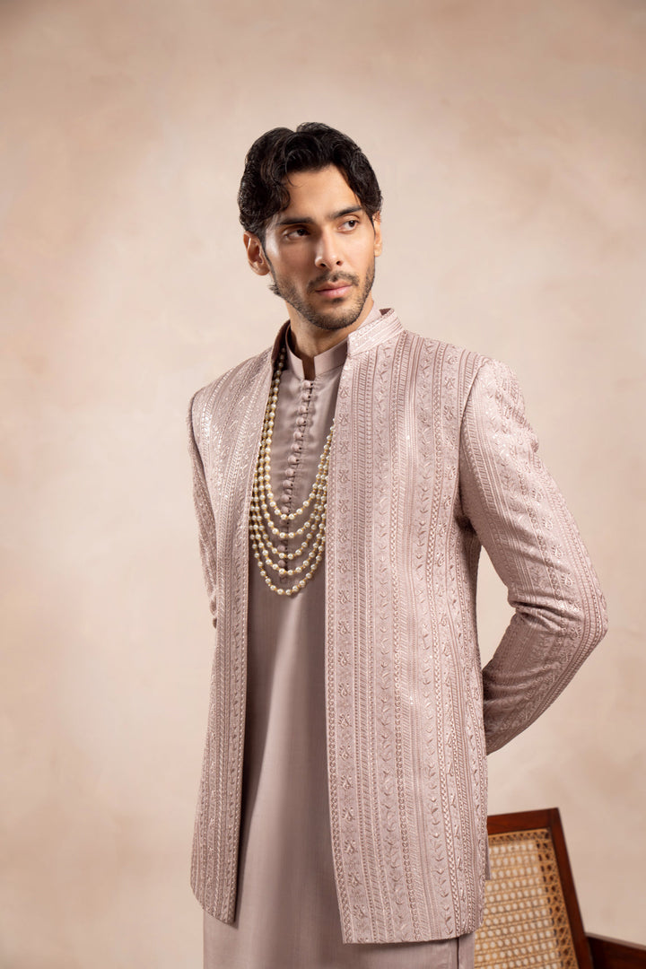 Muraqsh Ready To Wear Embroidered Cotton Men Pink Falling Open Prince Coat MUR-PFEOP - Summer Collection
