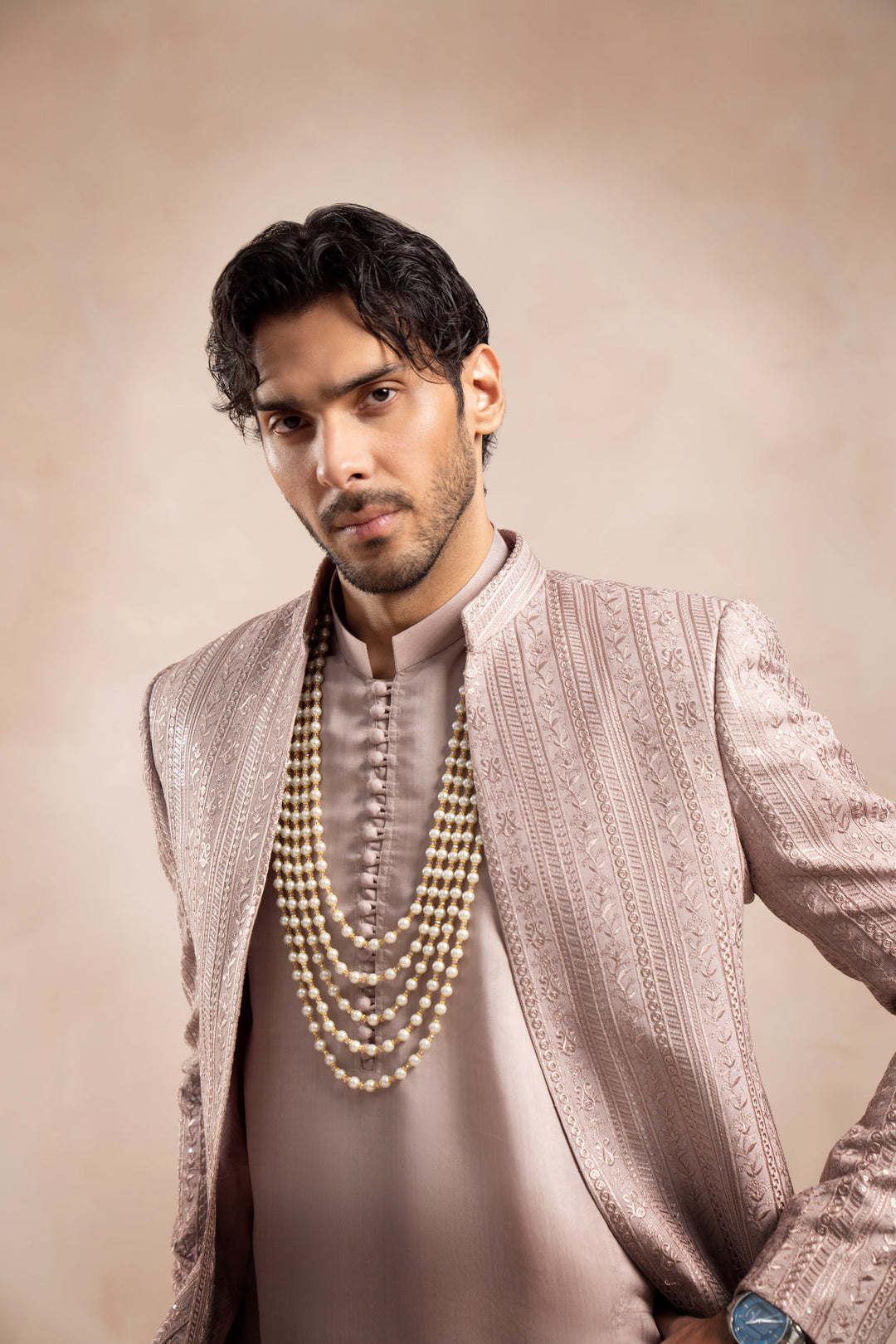 Muraqsh Ready To Wear Embroidered Cotton Men Pink Falling Open Prince Coat MUR-PFEOP - Summer Collection