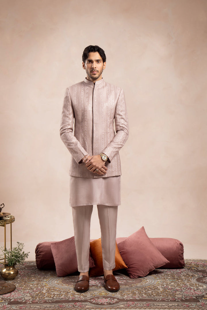 Muraqsh Ready To Wear Embroidered Cotton Men Pink Kurta Trouser with Falling Prince Coat ABD-PKTWF - Summer Collection