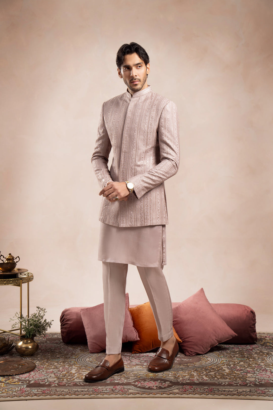 Muraqsh Ready To Wear Embroidered Cotton Men Pink Kurta Trouser with Falling Prince Coat ABD-PKTWF - Summer Collection