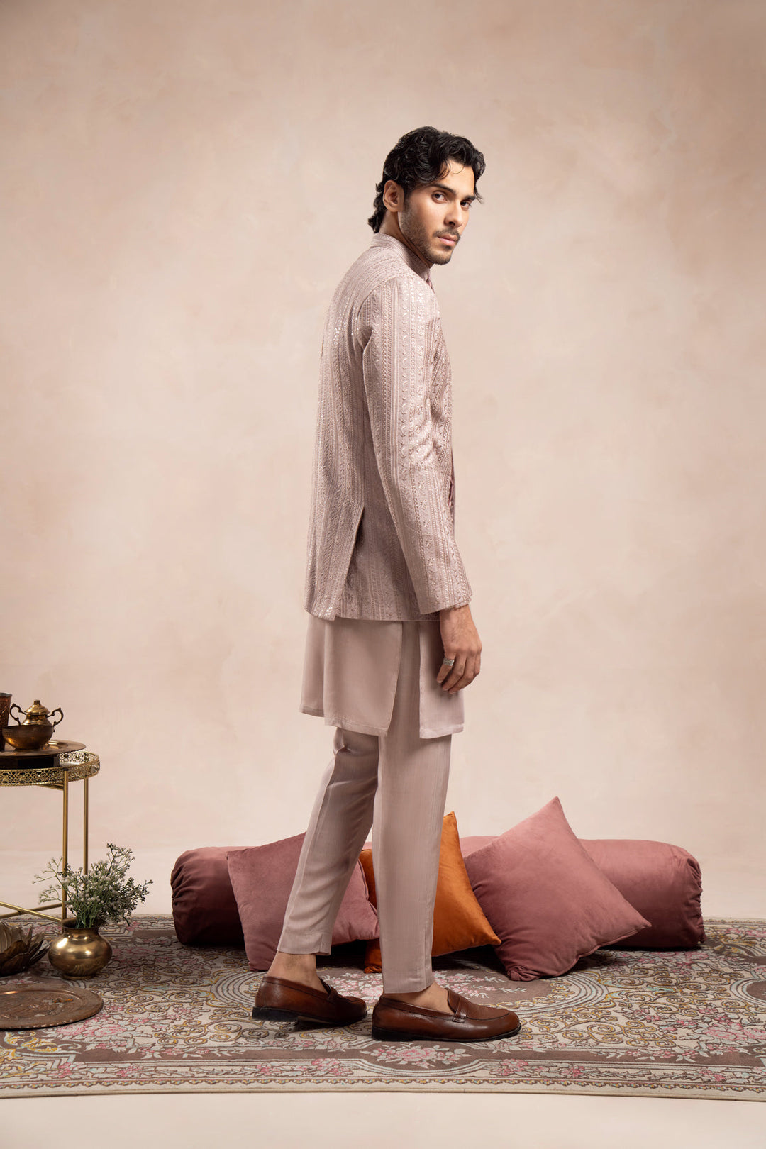 Muraqsh Ready To Wear Embroidered Cotton Men Pink Kurta Trouser with Falling Prince Coat ABD-PKTWF - Summer Collection