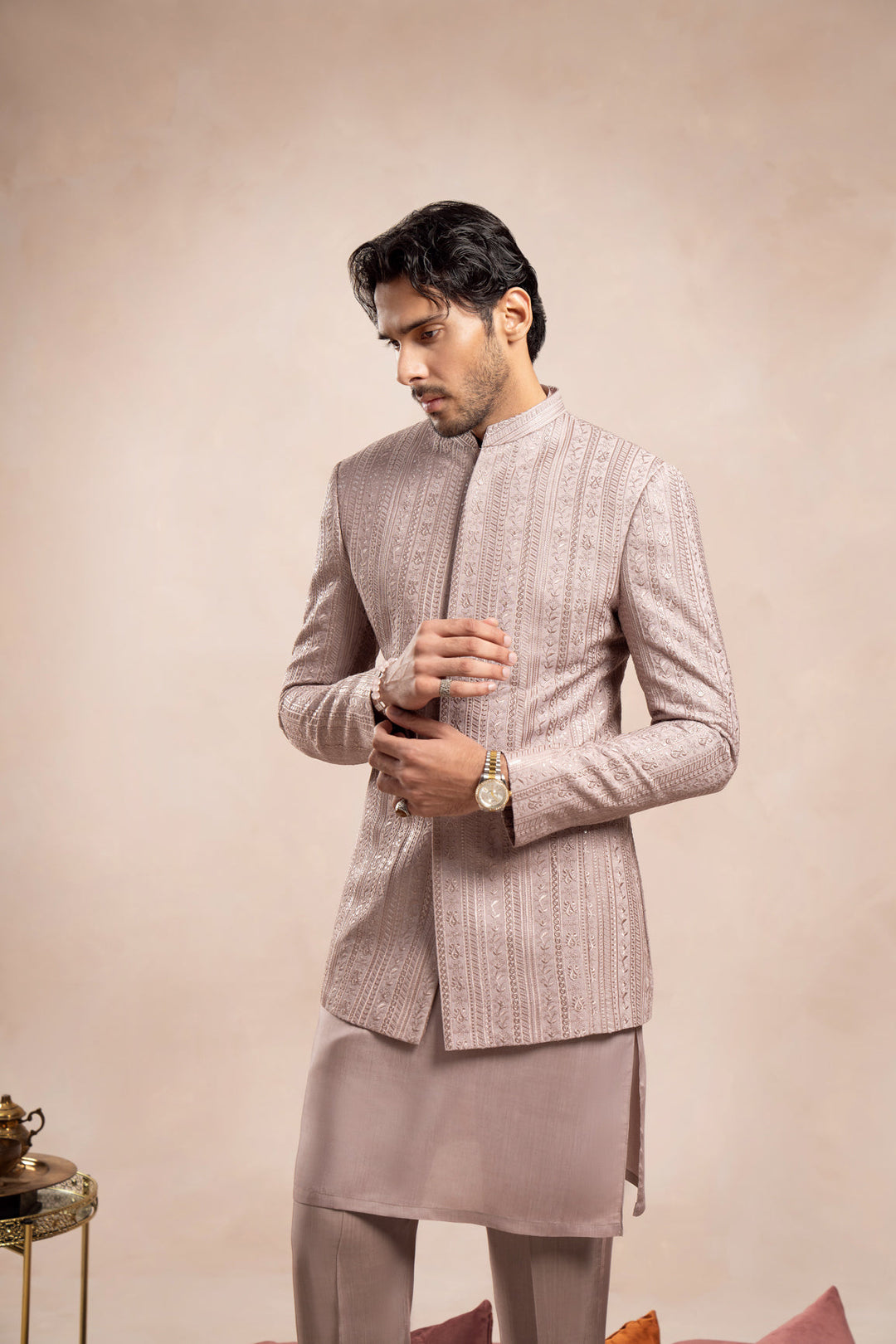 Muraqsh Ready To Wear Embroidered Cotton Men Pink Falling Prince Coat MUR-PFEPC - Summer Collection