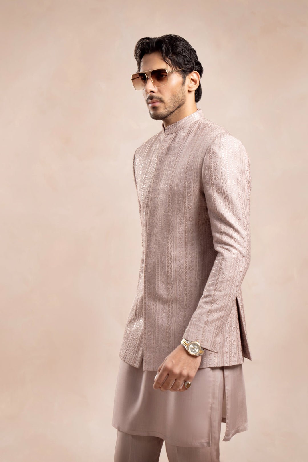 Muraqsh Ready To Wear Embroidered Cotton Men Pink Kurta Trouser with Falling Prince Coat ABD-PKTWF - Summer Collection