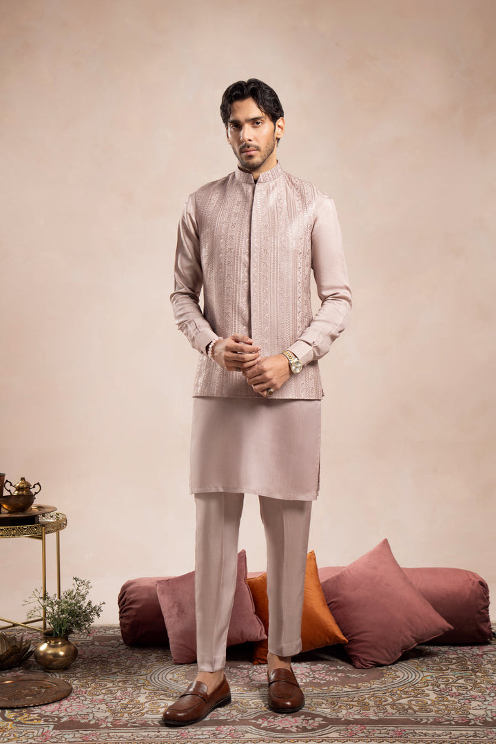 Muraqsh Ready To Wear Embroidered Cotton Men Pink Kurta Trouser Falling Waistcoat MUR-PKTFE - Summer Collection