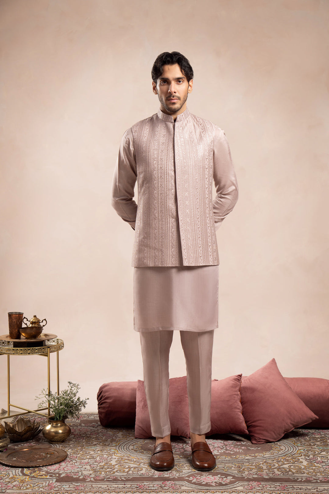 Muraqsh Ready To Wear Embroidered Cotton Men Pink Falling Embroidered Waistcoat MUR-PFEW - Summer Collection