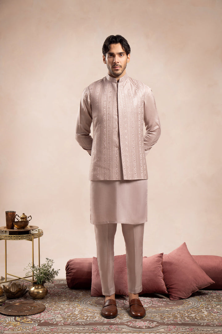 Muraqsh Ready To Wear Embroidered Cotton Men Pink Falling Embroidered Waistcoat MUR-PFEW - Summer Collection