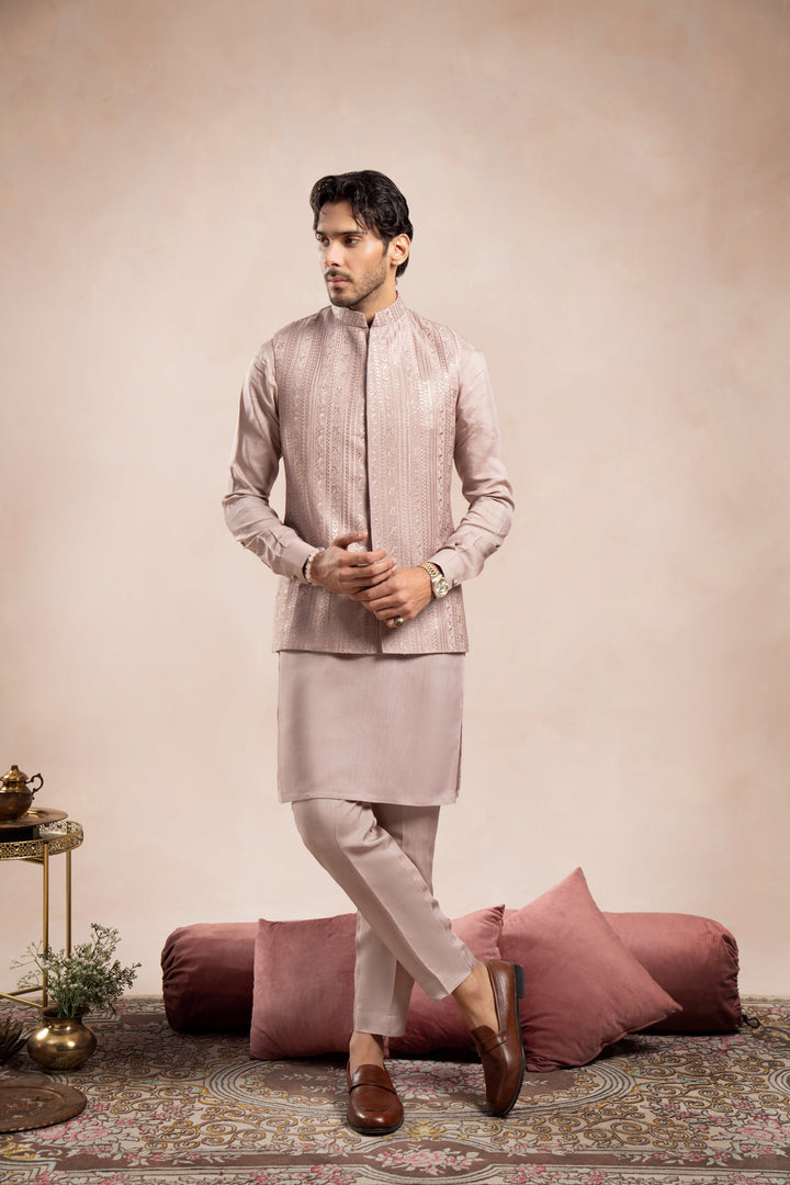 Muraqsh Ready To Wear Embroidered Cotton Men Pink Kurta Trouser Falling Waistcoat MUR-PKTFE - Summer Collection