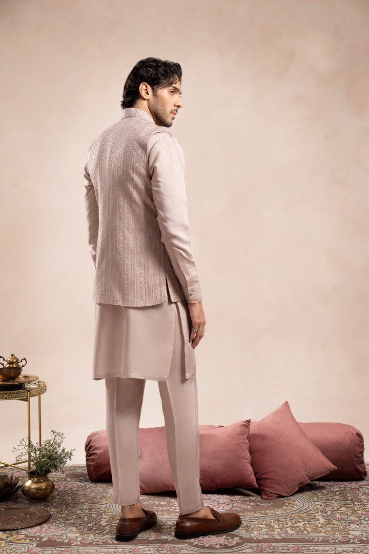 Muraqsh Ready To Wear Embroidered Cotton Men Pink Falling Embroidered Waistcoat MUR-PFEW - Summer Collection