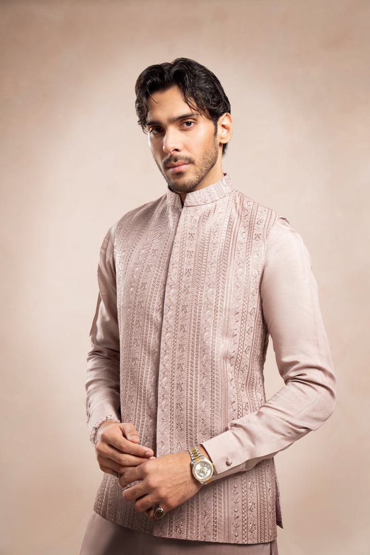 Muraqsh Ready To Wear Embroidered Cotton Men Pink Kurta Trouser Falling Waistcoat MUR-PKTFE - Summer Collection
