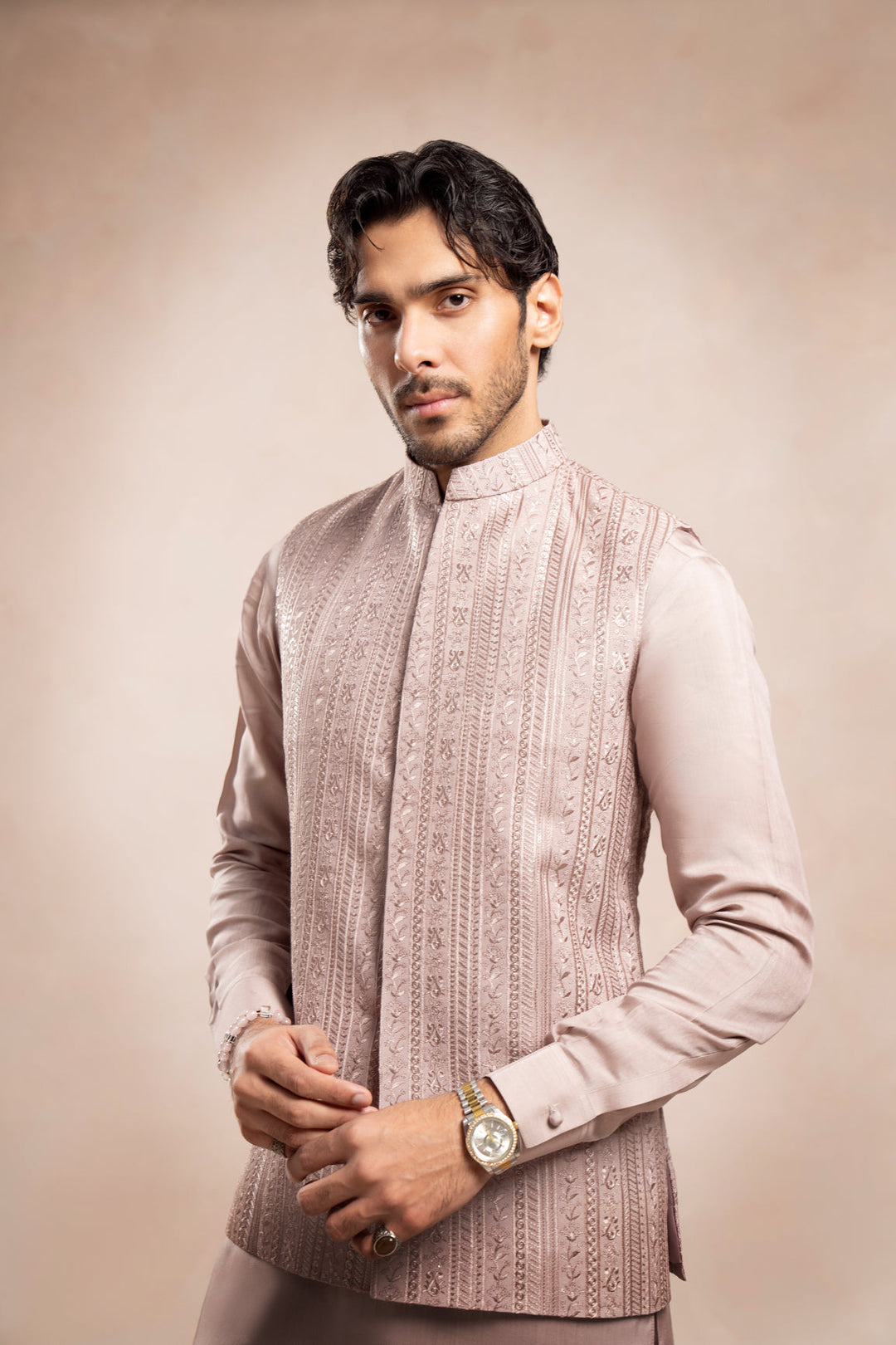 Muraqsh Ready To Wear Embroidered Cotton Men Pink Falling Embroidered Waistcoat MUR-PFEW - Summer Collection