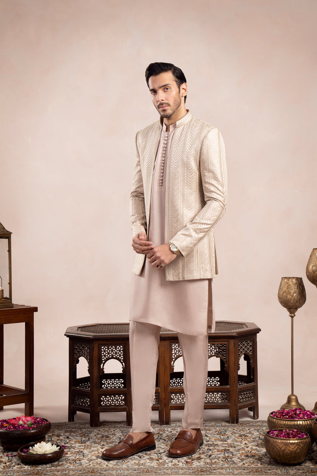 Muraqsh Ready To Wear Embroidered Cotton Men Coffee Beige Loop Kurta Trouser with Arrow Open Prince Coat ABD-CBLKT - Summer Collection
