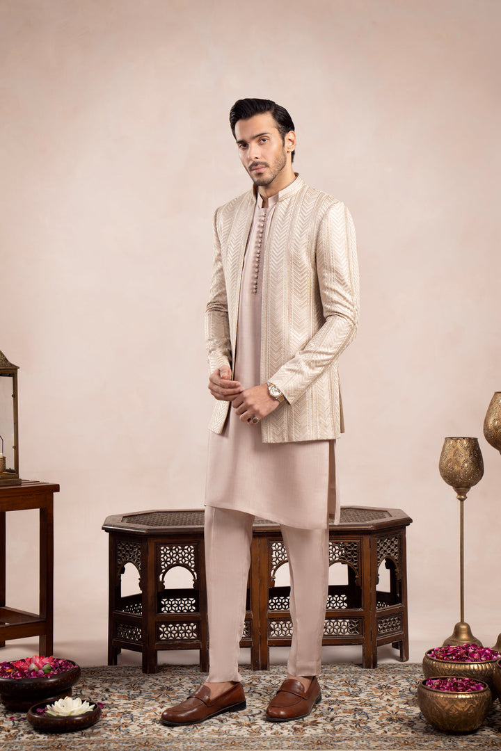 Muraqsh Ready To Wear Embroidered Cotton Men Coffee Beige Arrow Open Prince Coat MUR-CBAEO - Summer Collection