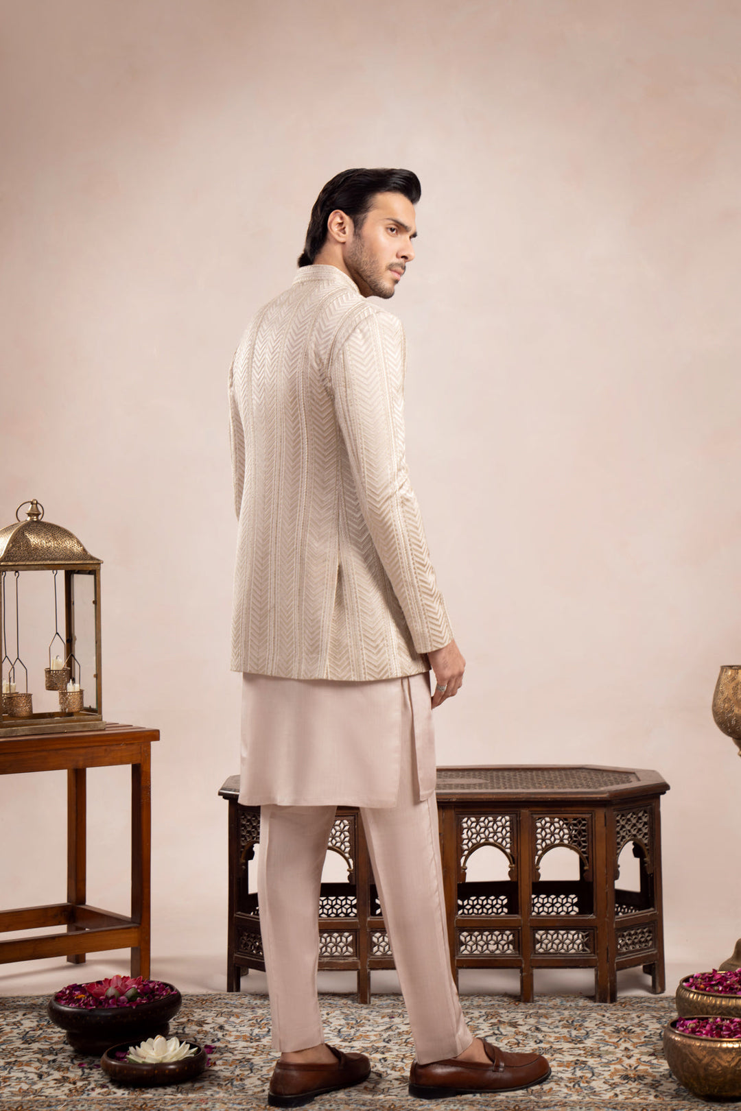 Muraqsh Ready To Wear Embroidered Cotton Men Coffee Beige Loop Kurta Trouser with Arrow Open Prince Coat ABD-CBLKT - Summer Collection