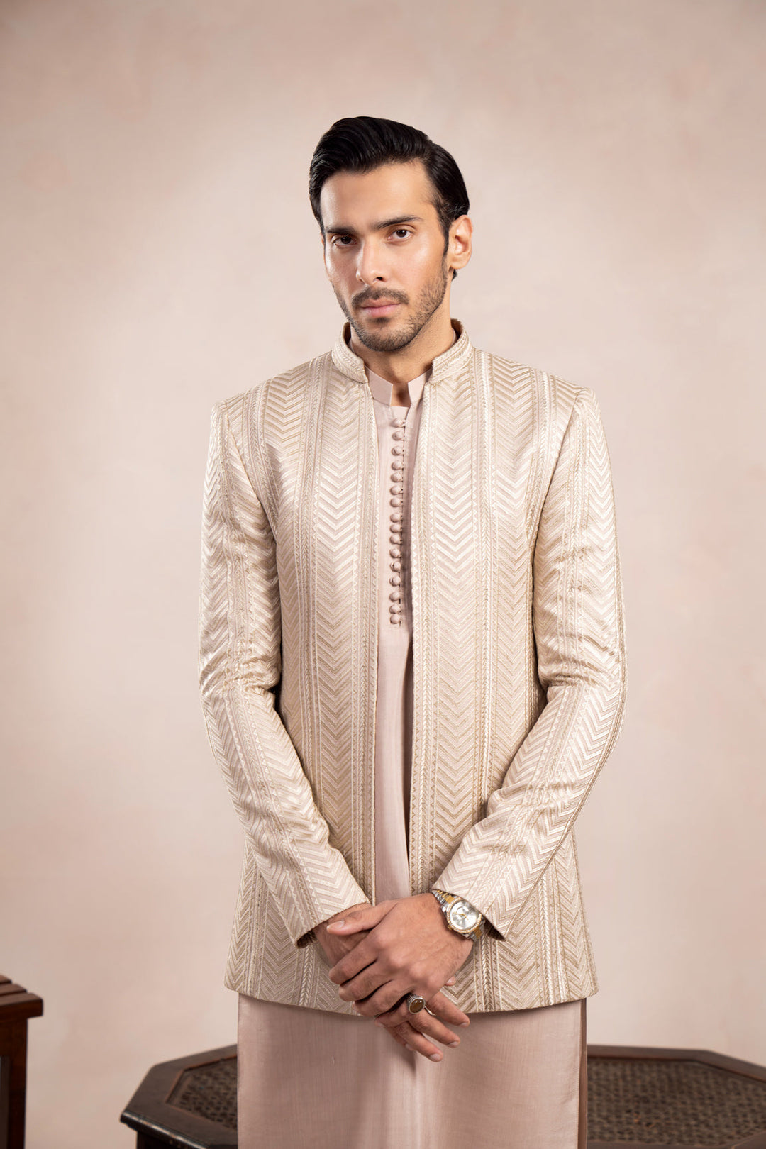 Muraqsh Ready To Wear Embroidered Cotton Men Coffee Beige Loop Kurta Trouser with Arrow Open Prince Coat ABD-CBLKT - Summer Collection