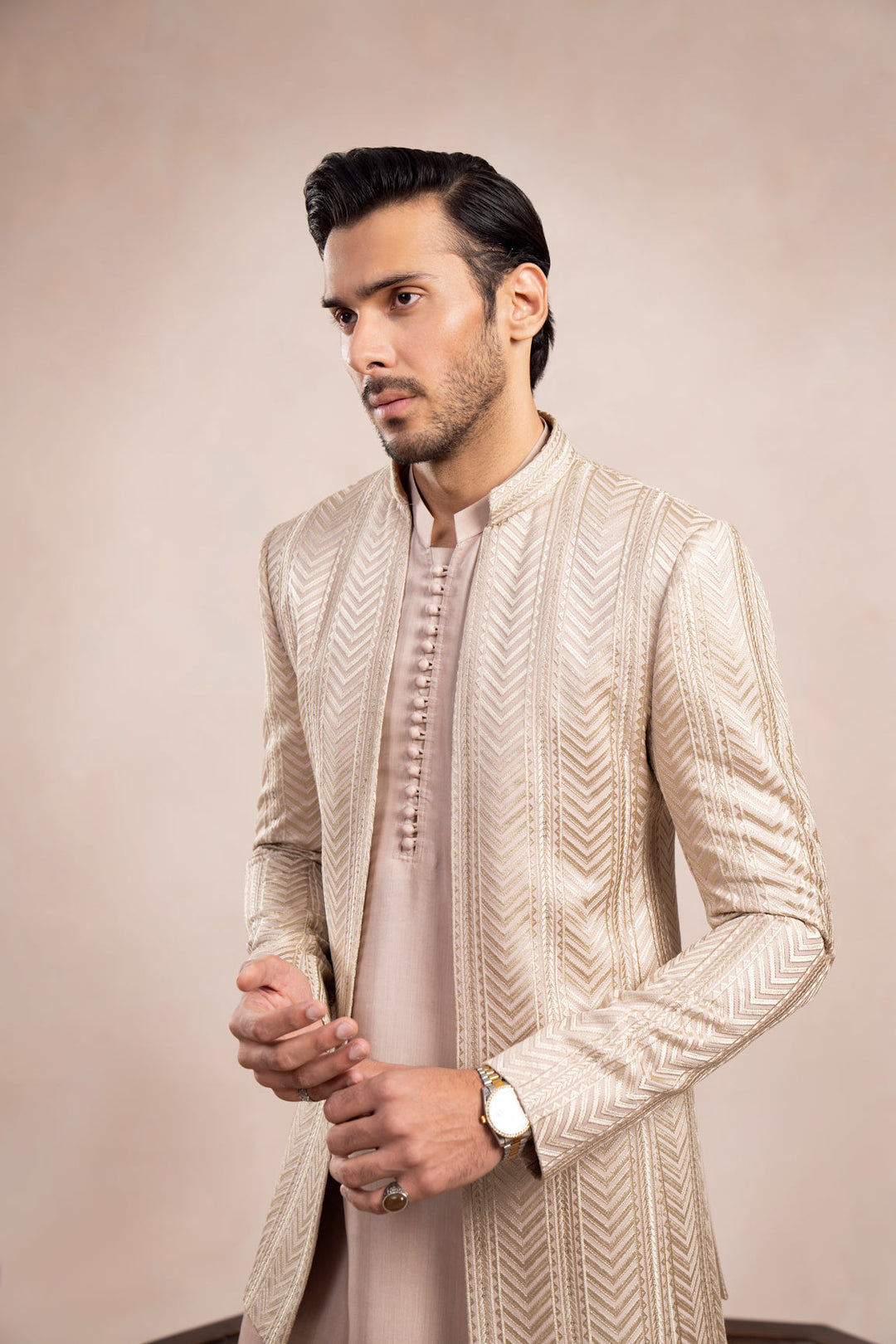 Muraqsh Ready To Wear Embroidered Cotton Men Coffee Beige Loop Kurta Trouser with Arrow Open Prince Coat ABD-CBLKT - Summer Collection