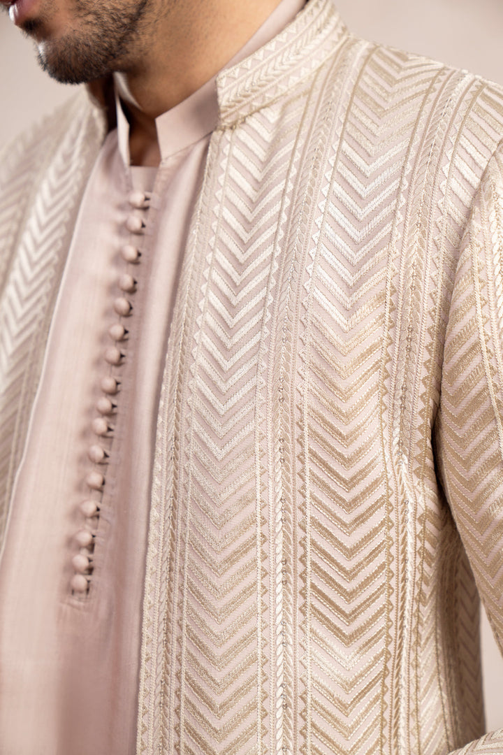 Muraqsh Ready To Wear Embroidered Cotton Men Coffee Beige Loop Kurta Trouser with Arrow Open Prince Coat ABD-CBLKT - Summer Collection