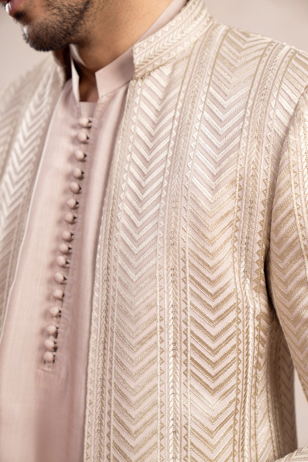 Muraqsh Ready To Wear Embroidered Cotton Men Coffee Beige Arrow Open Prince Coat MUR-CBAEO - Summer Collection