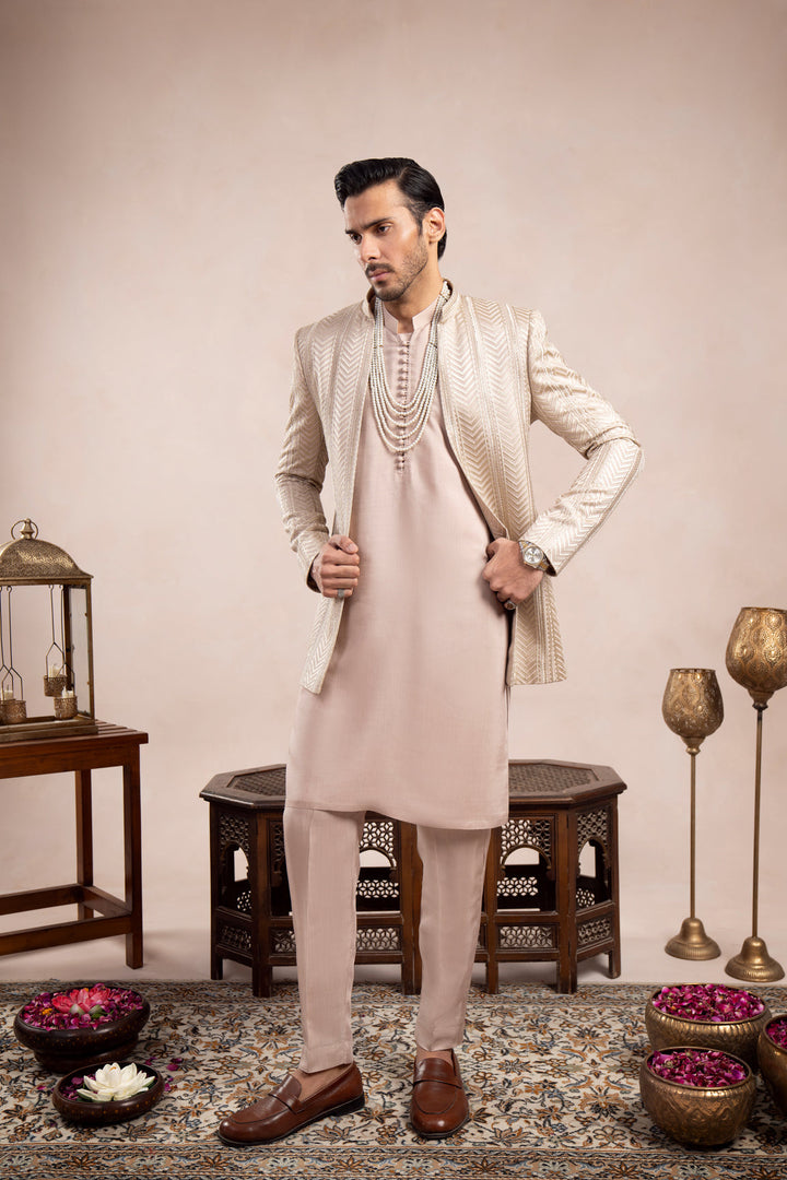 Muraqsh Ready To Wear Embroidered Cotton Men Coffee Beige Arrow Open Prince Coat MUR-CBAEO - Summer Collection