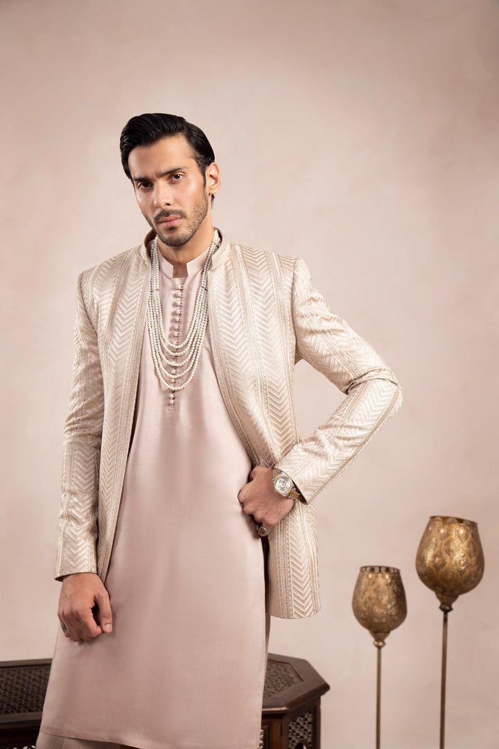 Muraqsh Ready To Wear Embroidered Cotton Men Coffee Beige Loop Kurta Trouser with Arrow Open Prince Coat ABD-CBLKT - Summer Collection