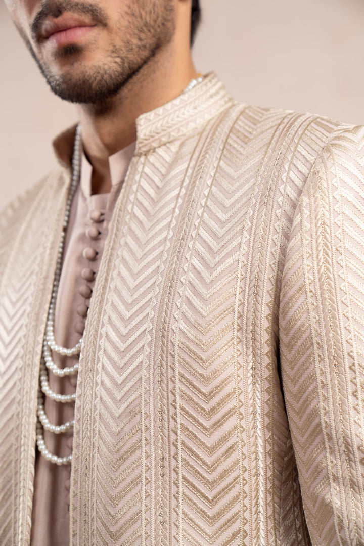 Muraqsh Ready To Wear Embroidered Cotton Men Coffee Beige Arrow Open Prince Coat MUR-CBAEO - Summer Collection