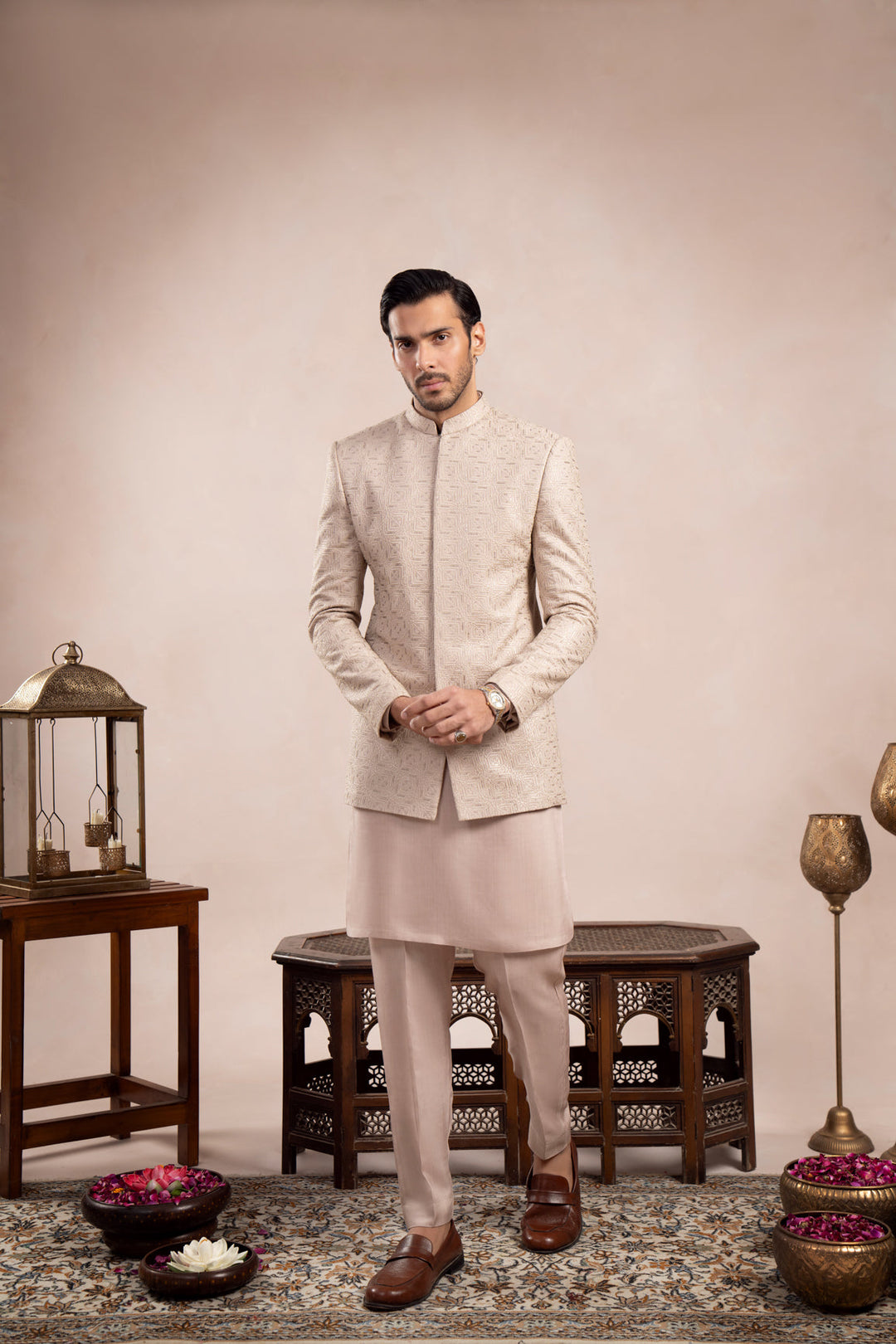 Muraqsh Ready To Wear Embroidered Cotton Men Coffee Beige Square Prince Coat MUR-CBSEP - Summer Collection