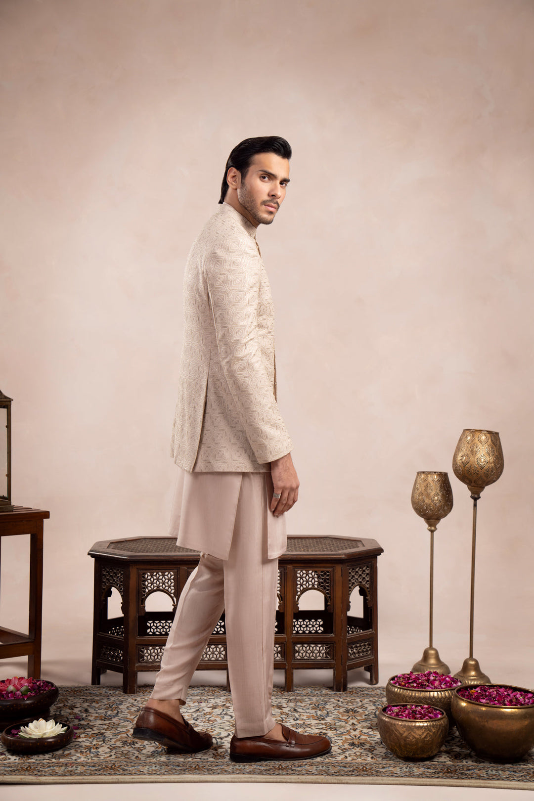 Muraqsh Ready To Wear Embroidered Cotton Men Coffee Beige Kurta Trouser with Square Prince Coat ABD-CBKTW - Summer Collection