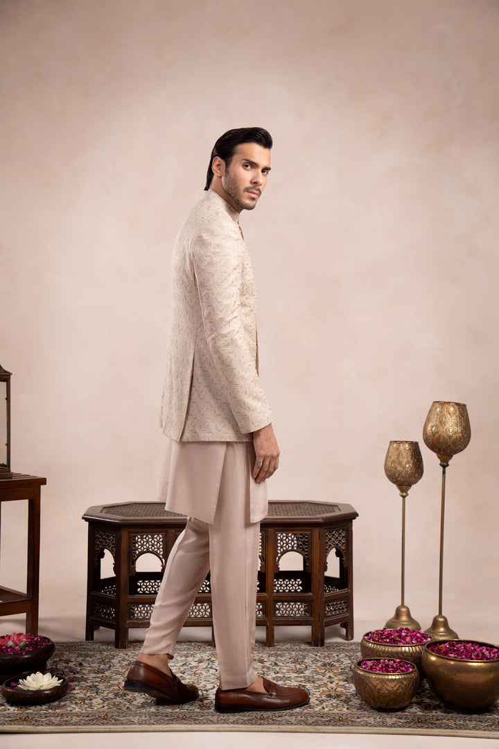 Muraqsh Ready To Wear Embroidered Cotton Men Coffee Beige Kurta Trouser with Square Prince Coat ABD-CBKTW - Summer Collection