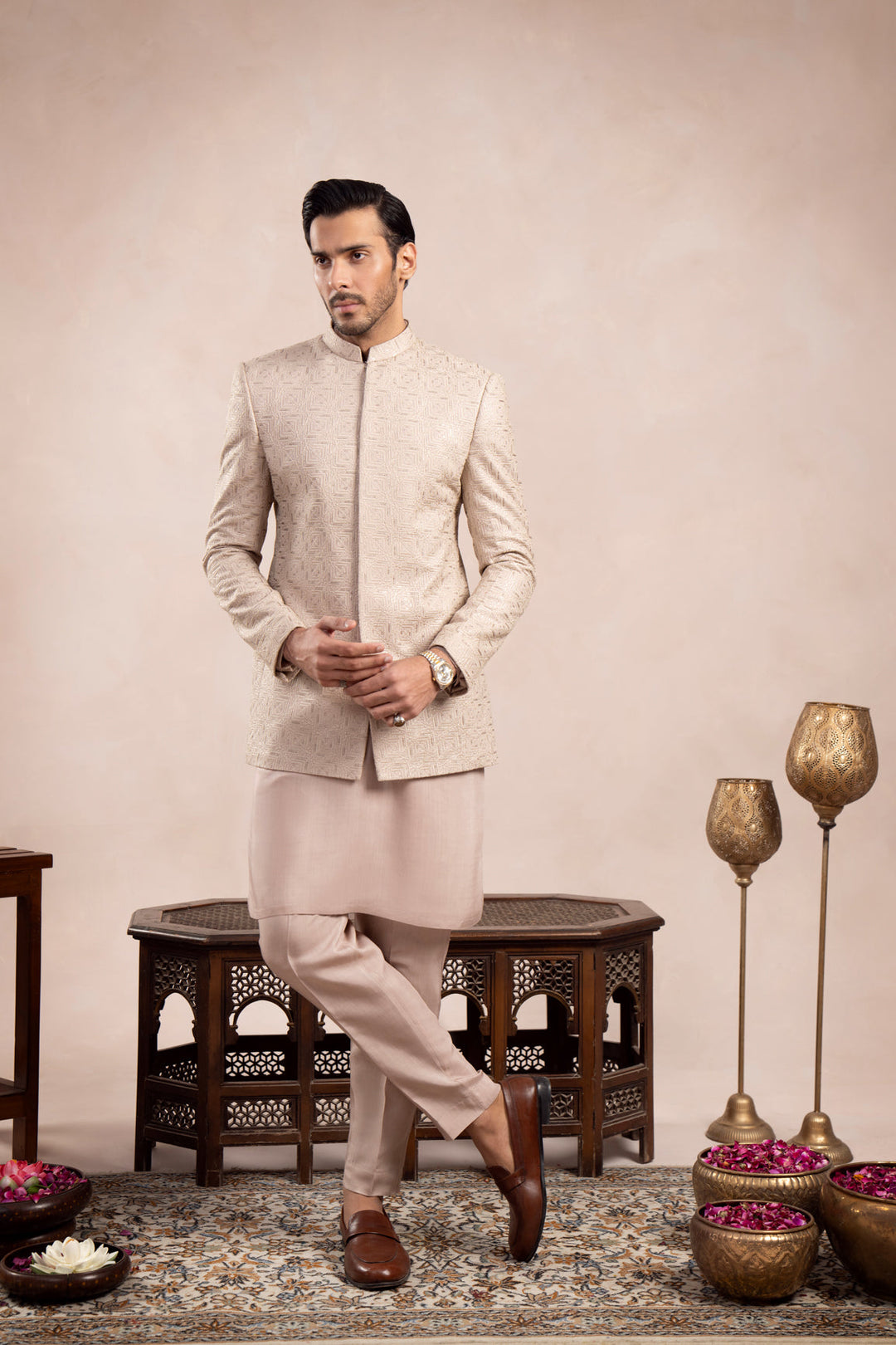 Muraqsh Ready To Wear Embroidered Cotton Men Coffee Beige Square Prince Coat MUR-CBSEP - Summer Collection