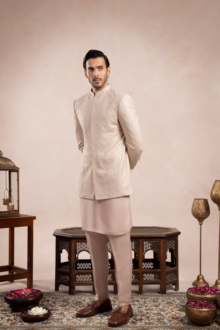 Muraqsh Ready To Wear Embroidered Cotton Men Coffee Beige Square Prince Coat MUR-CBSEP - Summer Collection