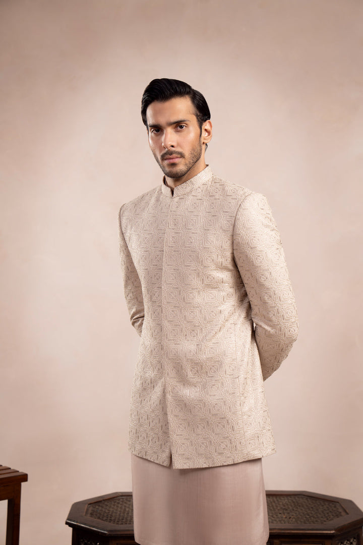 Muraqsh Ready To Wear Embroidered Cotton Men Coffee Beige Square Prince Coat MUR-CBSEP - Summer Collection