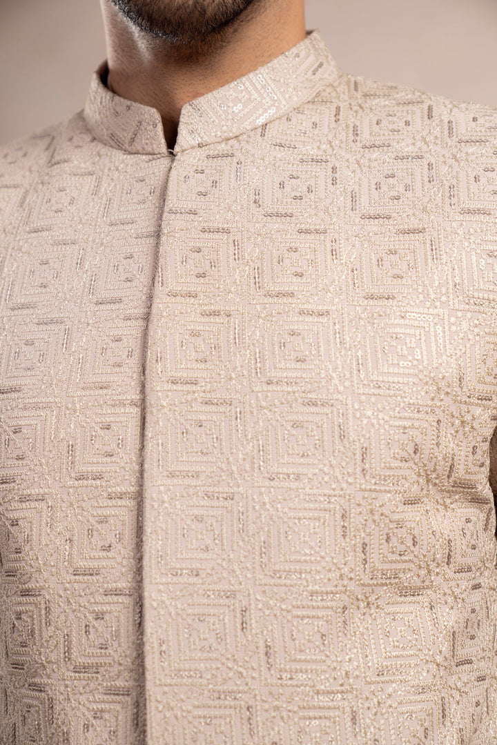 Muraqsh Ready To Wear Embroidered Cotton Men Coffee Beige Kurta Trouser with Square Prince Coat ABD-CBKTW - Summer Collection