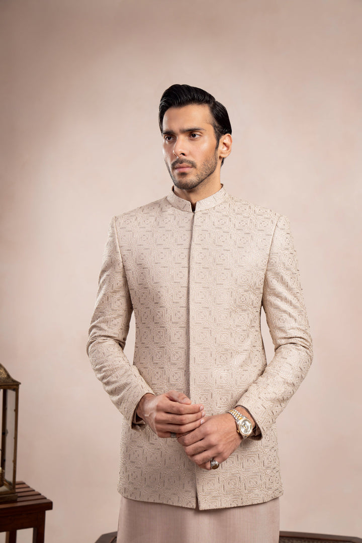Muraqsh Ready To Wear Embroidered Cotton Men Coffee Beige Square Prince Coat MUR-CBSEP - Summer Collection
