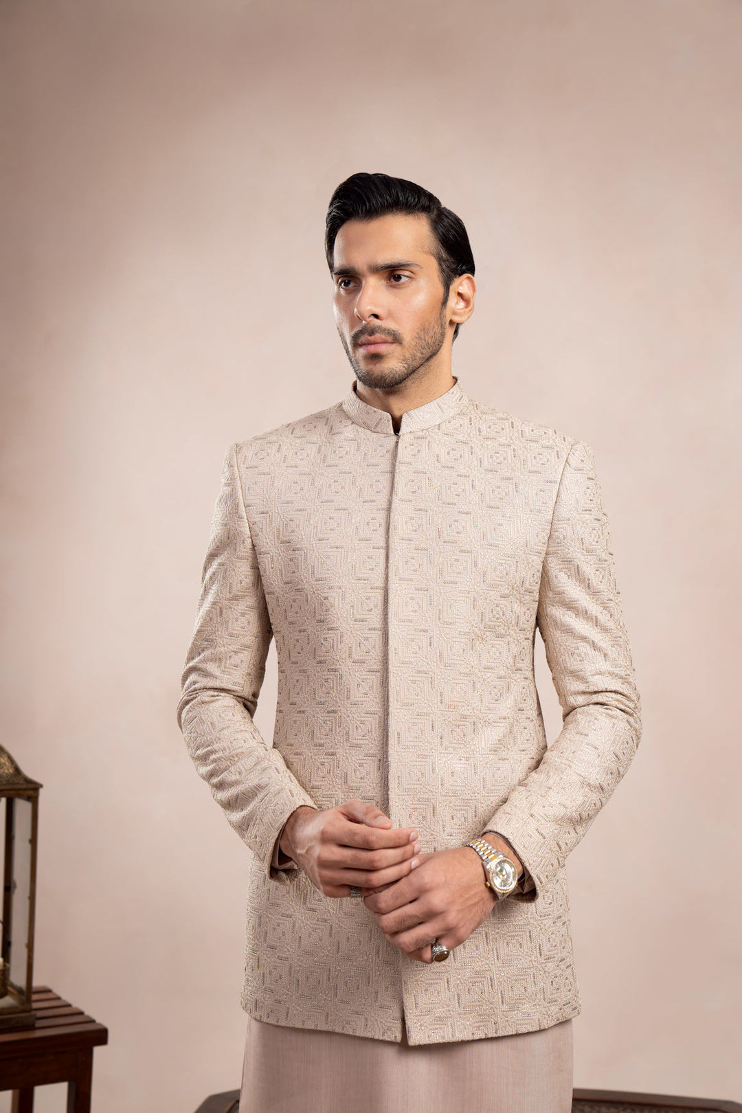 Muraqsh Ready To Wear Embroidered Cotton Men Coffee Beige Kurta Trouser with Square Prince Coat ABD-CBKTW - Summer Collection